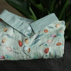 Beach Style Ramie Casual Blouse Green Floral Ladies Shirt