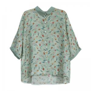 Beach Style Ramie Casual Blouse Green Floral Ladies Shirt