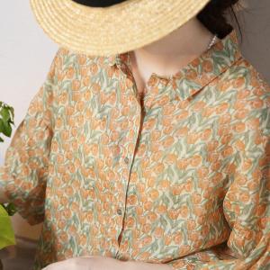 Tulip Prints Half Sleeves Summer Blouse Loose Ramie Casual Wear