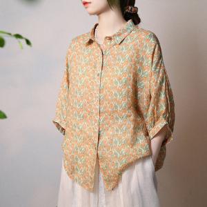 Tulip Prints Half Sleeves Summer Blouse Loose Ramie Casual Wear