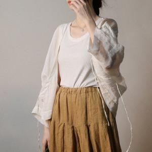 V-Neck White Linen Cardigan Shirt Chinese Wrap Blouse