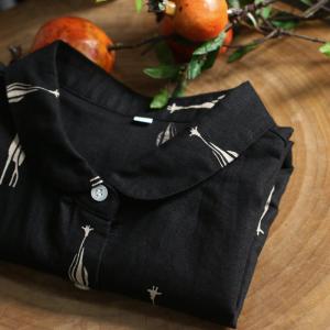 Cute Deer Black Shirt Cotton Linen Short Sleeves Blouse