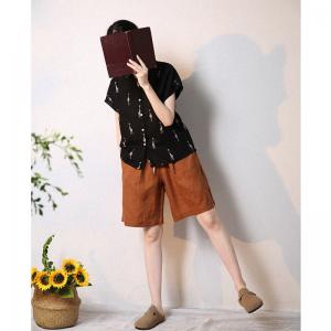 Cute Deer Black Shirt Cotton Linen Short Sleeves Blouse