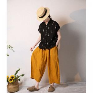 Cute Deer Black Shirt Cotton Linen Short Sleeves Blouse