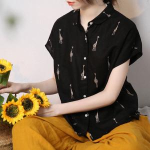 Cute Deer Black Shirt Cotton Linen Short Sleeves Blouse