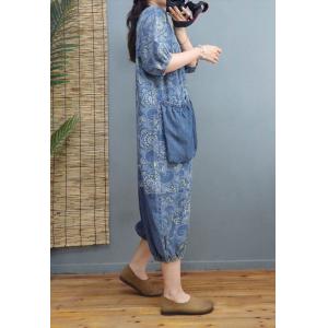 Large Pockets Folk Printed Casual Jumpsuits Blue Jean Coveralls