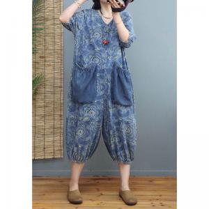 Large Pockets Folk Printed Casual Jumpsuits Blue Jean Coveralls