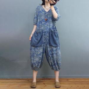 Large Pockets Folk Printed Casual Jumpsuits Blue Jean Coveralls