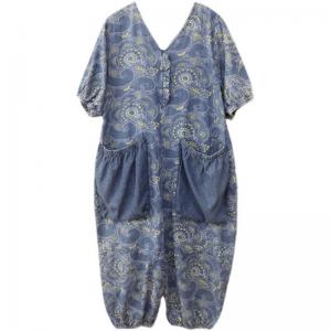 Large Pockets Folk Printed Casual Jumpsuits Blue Jean Coveralls