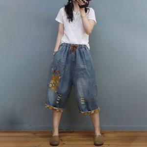 Floral Patchwork Baggy Bermuda Jeans Baggy Ripped Pants