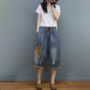 Floral Patchwork Baggy Bermuda Jeans Baggy Ripped Pants