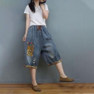 Floral Patchwork Baggy Bermuda Jeans Baggy Ripped Pants