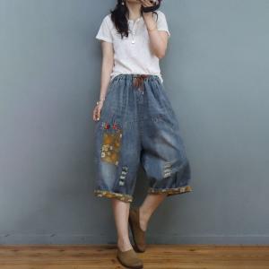 Floral Patchwork Baggy Bermuda Jeans Baggy Ripped Pants