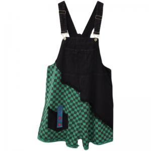 Bi-Colored Wide Leg Overall Shorts Plaid Jean Rompers