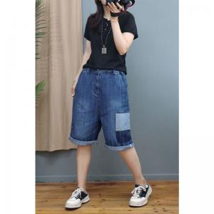 Vertical Striped Patchwork Jean Shorts Stone Wash Bermuda Jeans