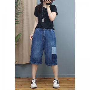 Vertical Striped Patchwork Jean Shorts Stone Wash Bermuda Jeans