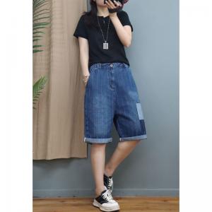 Vertical Striped Patchwork Jean Shorts Stone Wash Bermuda Jeans