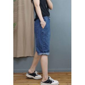 Vertical Striped Patchwork Jean Shorts Stone Wash Bermuda Jeans