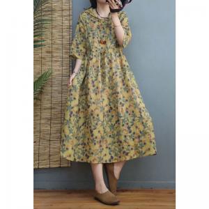 Leaf Patterns Ramie Hooded Dress Front Belted Yellow Dress