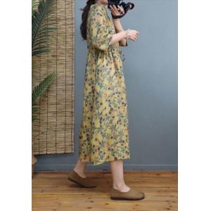 Leaf Patterns Ramie Hooded Dress Front Belted Yellow Dress