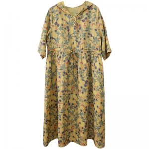 Leaf Patterns Ramie Hooded Dress Front Belted Yellow Dress