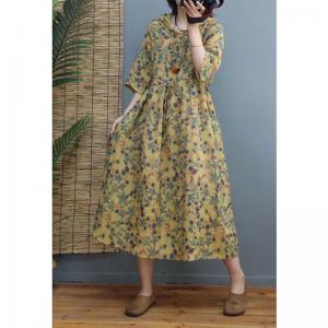 Leaf Patterns Ramie Hooded Dress Front Belted Yellow Dress