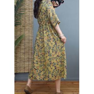 Leaf Patterns Ramie Hooded Dress Front Belted Yellow Dress