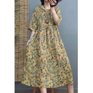 Leaf Patterns Ramie Hooded Dress Front Belted Yellow Dress