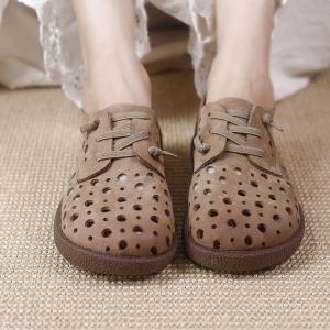 Hollow Out Leather Deck Shoes Lace Up Womens Flats