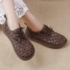 Hollow Out Leather Deck Shoes Lace Up Womens Flats