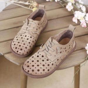 Hollow Out Leather Deck Shoes Lace Up Womens Flats