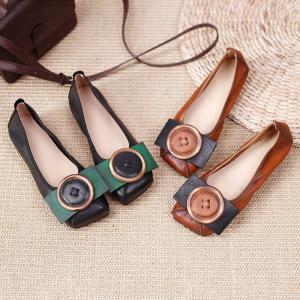 Round Toe Shallow Flats Buckle Applique Leather Granny Shoes