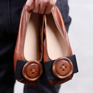 Round Toe Shallow Flats Buckle Applique Leather Granny Shoes