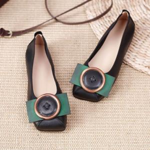 Round Toe Shallow Flats Buckle Applique Leather Granny Shoes