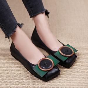 Round Toe Shallow Flats Buckle Applique Leather Granny Shoes