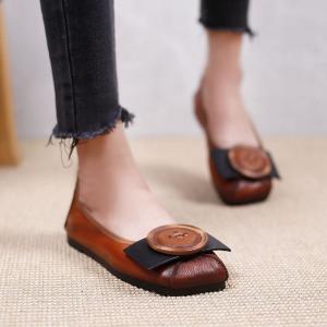 Round Toe Shallow Flats Buckle Applique Leather Granny Shoes