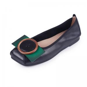 Round Toe Shallow Flats Buckle Applique Leather Granny Shoes