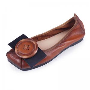 Round Toe Shallow Flats Buckle Applique Leather Granny Shoes