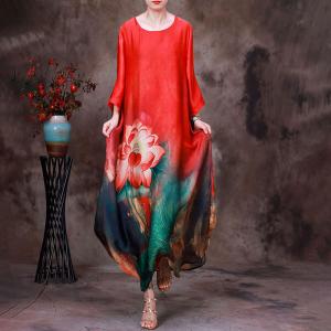 Summer Silk Lotus Patterned Dress Loose Elegant Maxi Dress