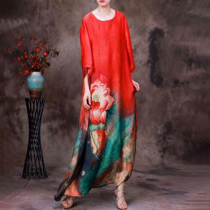 Summer Silk Lotus Patterned Dress Loose Elegant Maxi Dress