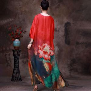 Summer Silk Lotus Patterned Dress Loose Elegant Maxi Dress