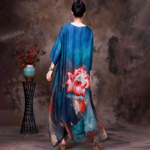 Summer Silk Lotus Patterned Dress Loose Elegant Maxi Dress