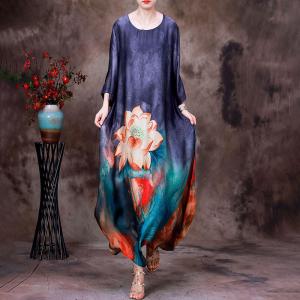 Summer Silk Lotus Patterned Dress Loose Elegant Maxi Dress