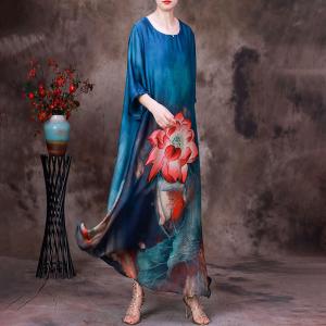 Summer Silk Lotus Patterned Dress Loose Elegant Maxi Dress