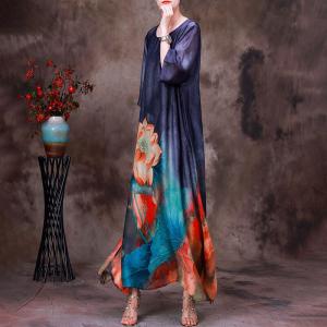 Summer Silk Lotus Patterned Dress Loose Elegant Maxi Dress