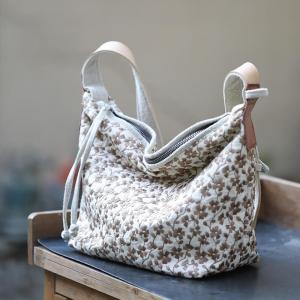 Leather Straps Linen Embroidery Hobo Bag