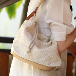 Leather Straps Linen Embroidery Hobo Bag