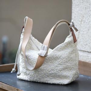 Leather Straps Linen Embroidery Hobo Bag