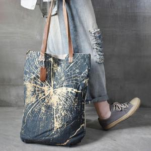 Street Style Blue Painted Tote Cotton Linen Patterned Shoulder Bag