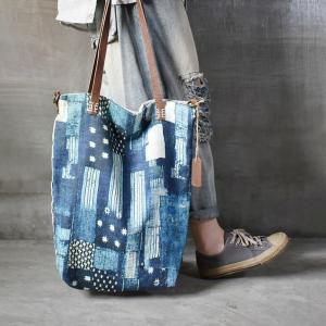 Street Style Blue Painted Tote Cotton Linen Patterned Shoulder Bag